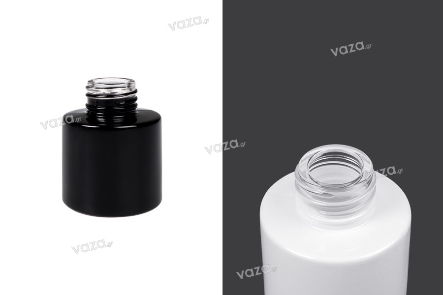 Cylindrical glass bottle 50 ml PP 28 in black or white color for