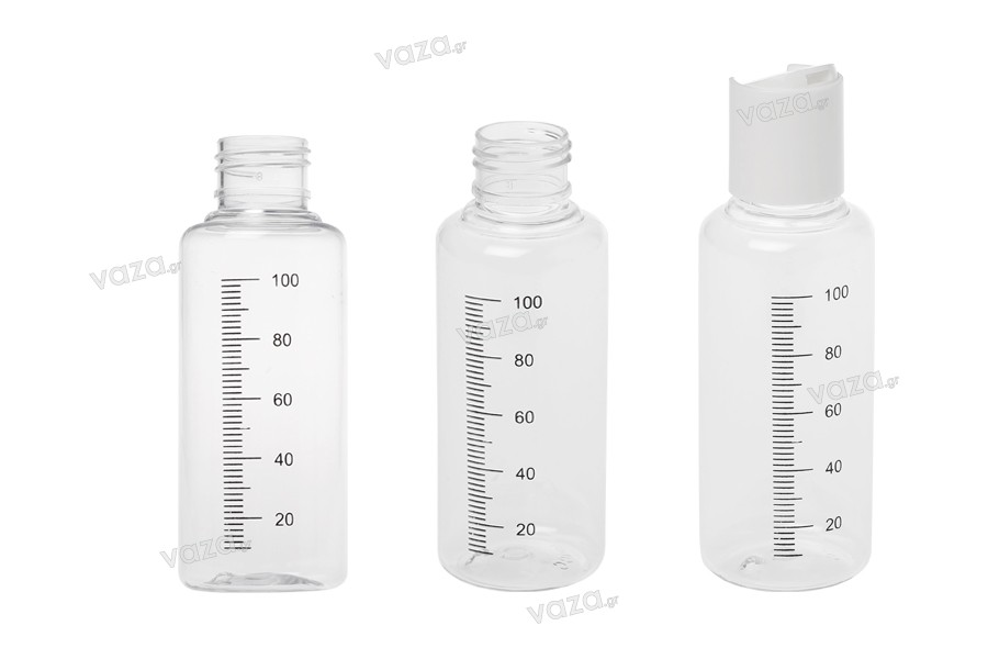 Bottiglietta graduata di plastica trasparente da 100 ml, con tappo disk top  bianco - 12 pezzi.