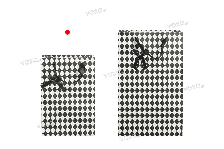 Busta da regalo di carta con manico di raso e fiocco 190x120x270 mm in due  colori confezione da 12.