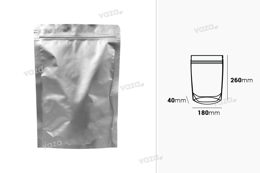 Sachets en aluminium Doypack 120 x 40 x 200 mm avec fermeture zip, fenêtre  et possibilité de thermoscellage - 100 pcs
