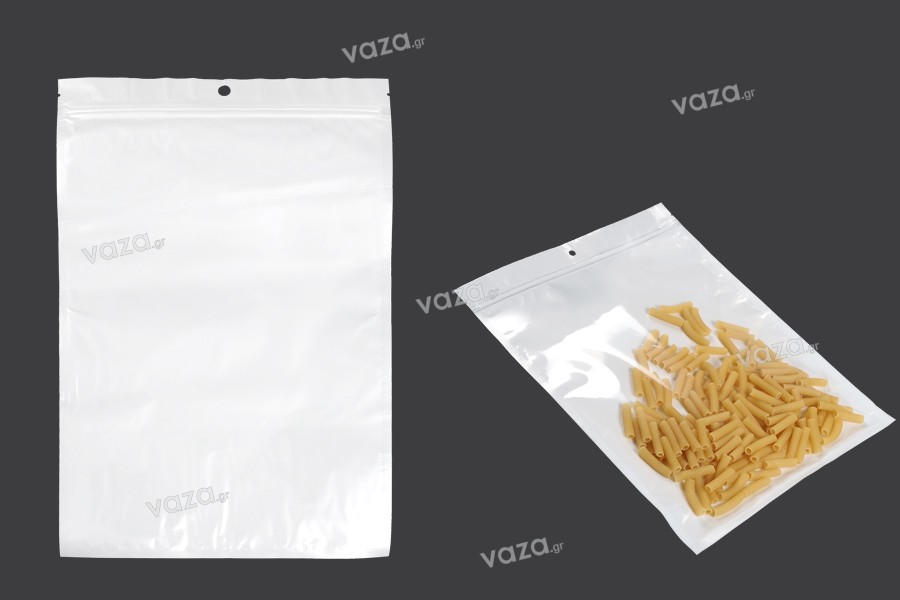 Heat sealable plastic zip lock pouch with a hang hole, white back side and  transparent front size in size 220x320 mm - 100 pcs